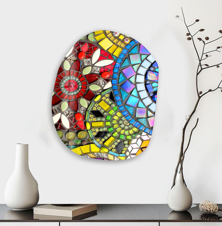 Red Mosaic Pattern Oval Glass Wall Art, glass image printing, glass prints from photos
