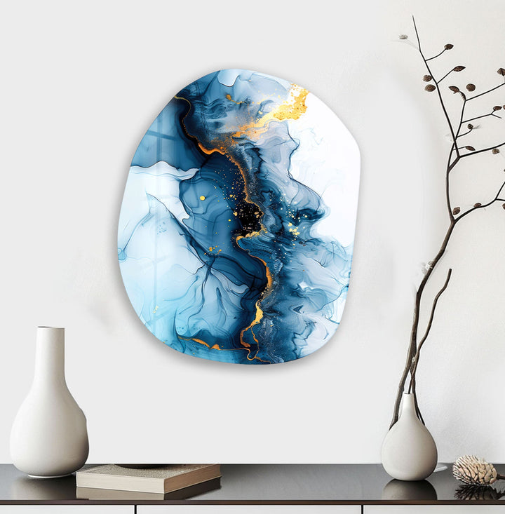 Navy Blue Alcohol Ink Glass Wall Art, photo print on glass, prints on glass wall art
