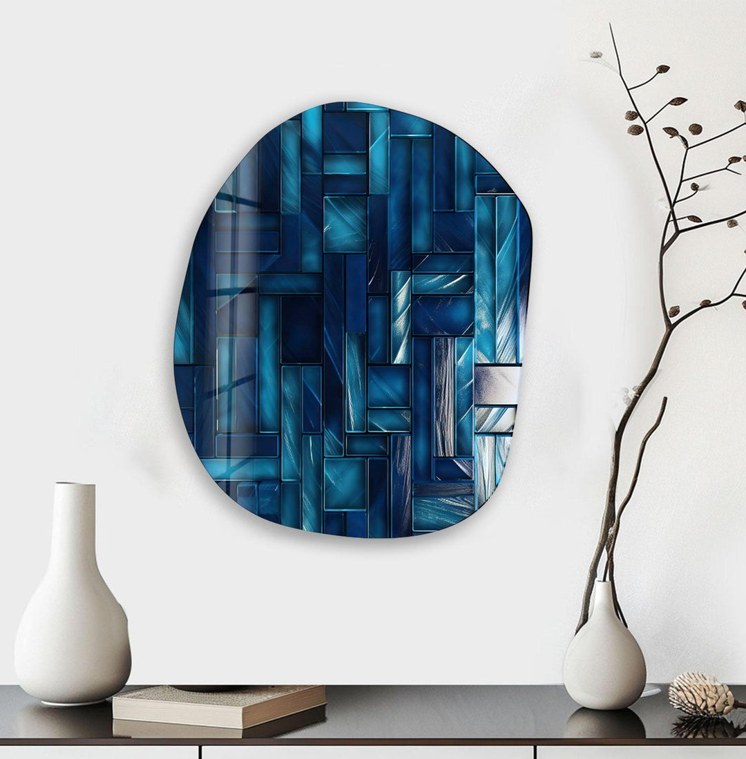 Modern Navy Blue Oval Glass Wall Art, glass art painting, glass art for the Wall
