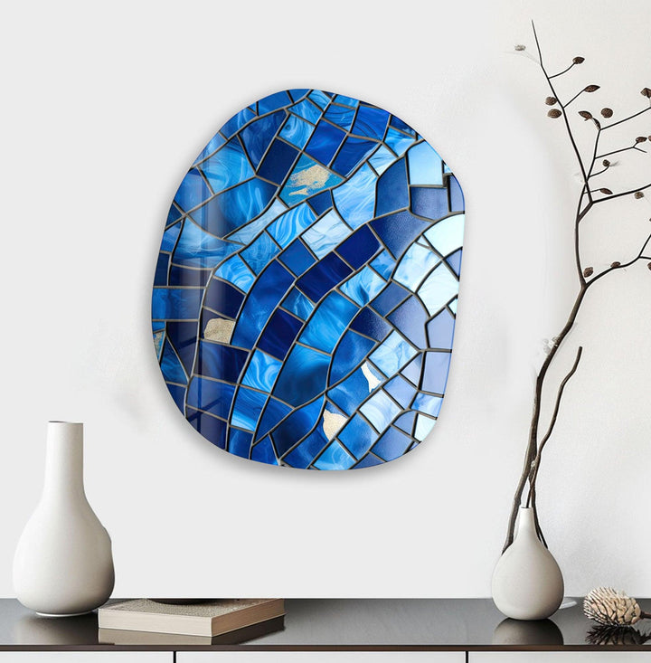 Decorative Blue Stained Oval Glass Wall Art, glass image printing, glass prints from photos
