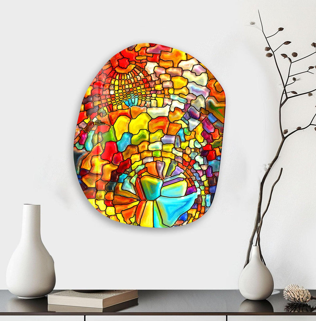 Stained Red Pattern Oval Glass Wall Art, photo print on glass, prints on glass wall art
