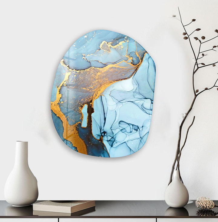 Watercolor Soft Blue Oval Glass Wall Art, glass art painting, glass art for the Wall
