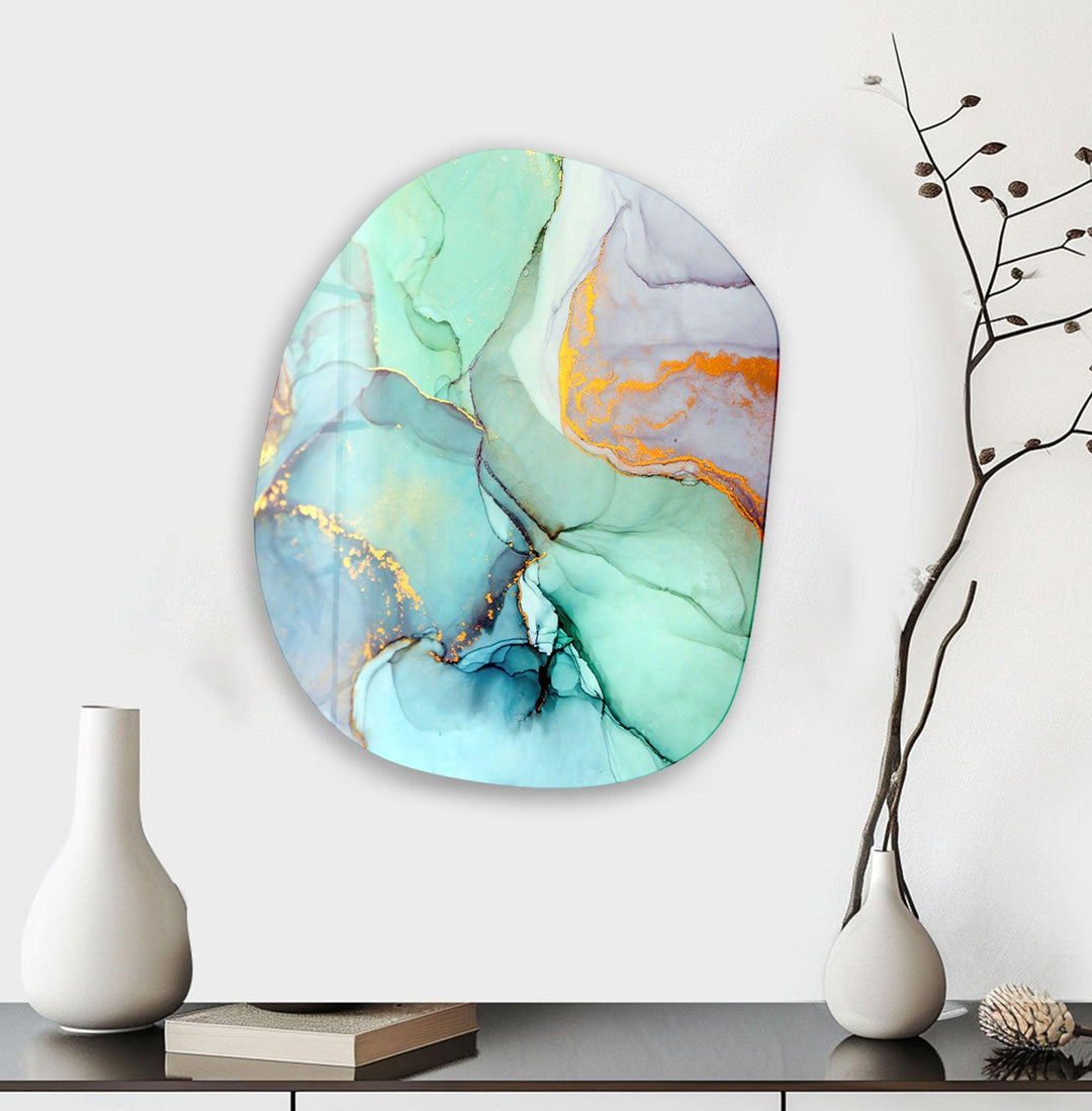 Tuquoise Asymmetrical Oval Glass Wall Art, photo print on glass, prints on glass wall art
