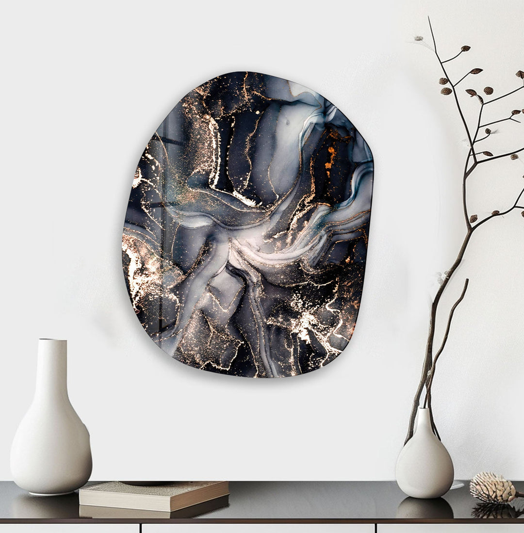 Modern Black Alcohol Ink Oval Glass Wall Art, glass pictures for Wall, glass prints wall art
