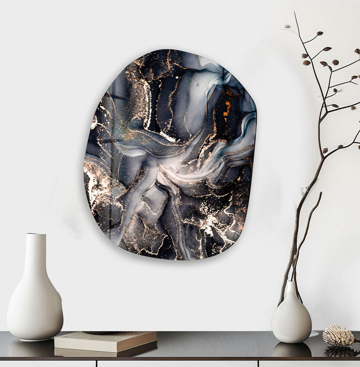 Modern Black Alcohol Ink Oval Glass Wall Art, glass pictures for Wall, glass prints wall art
