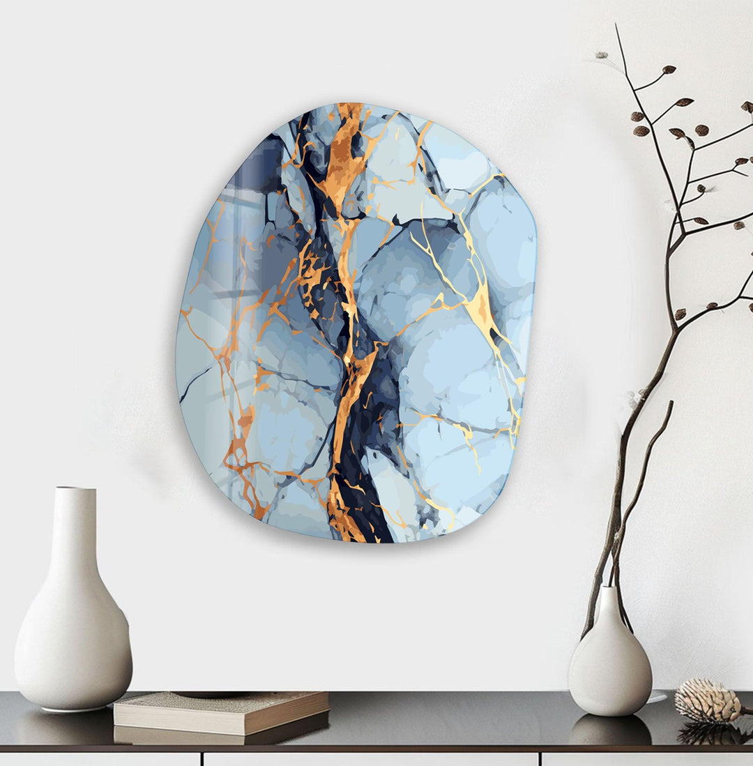 Blue & Gold Marble Oval Glass Wall Art, large glass photo prints, glass wall photos
