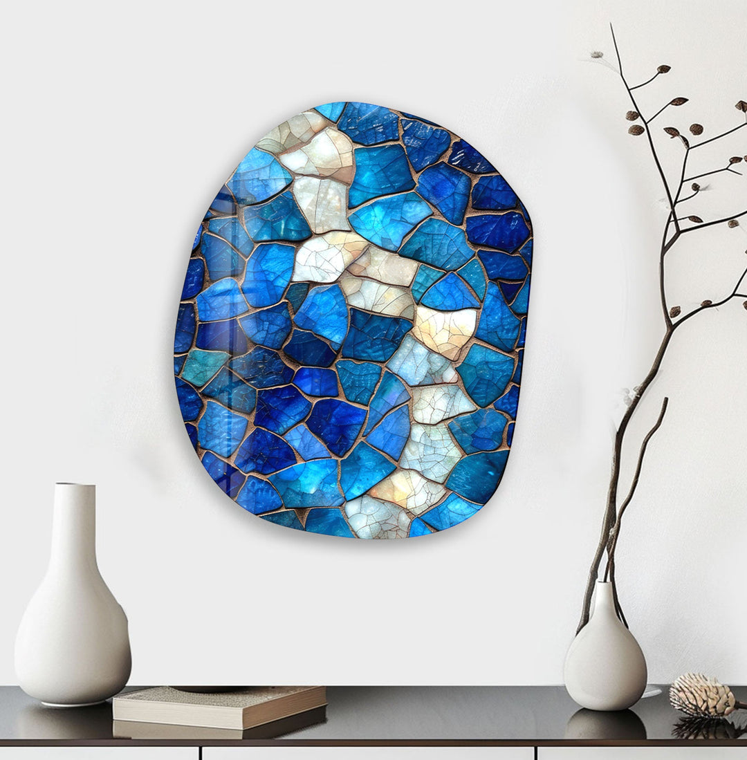 Stained Blue Pattern Oval Glass Wall Art, glass photo prints, glass picture prints
