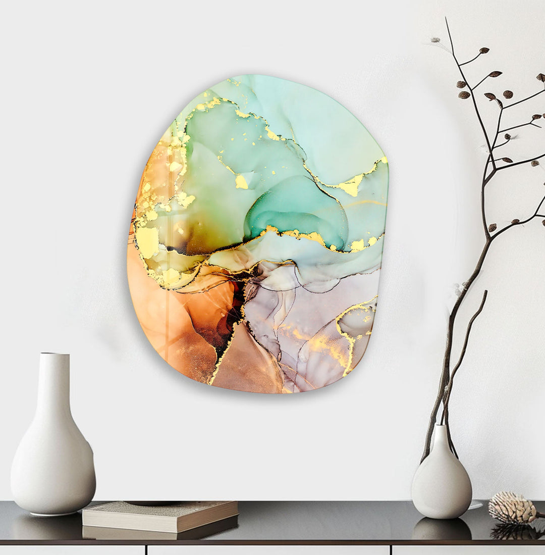 Green Alcohol Ink Oval Glass Wall Art, large glass photo prints, glass wall photos
