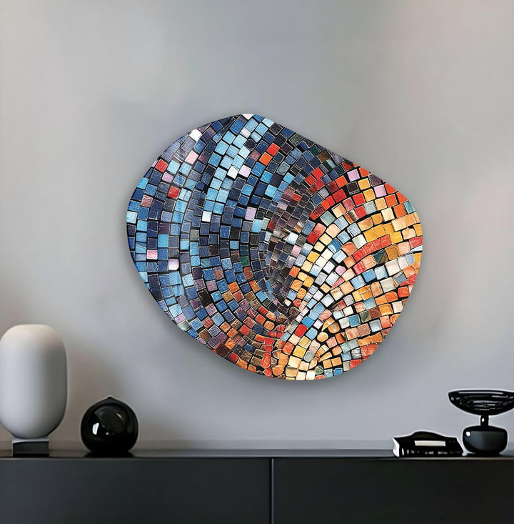 Decorative Blue Mosaic Print Glass Wall Art, photo print on glass, prints on glass wall art
