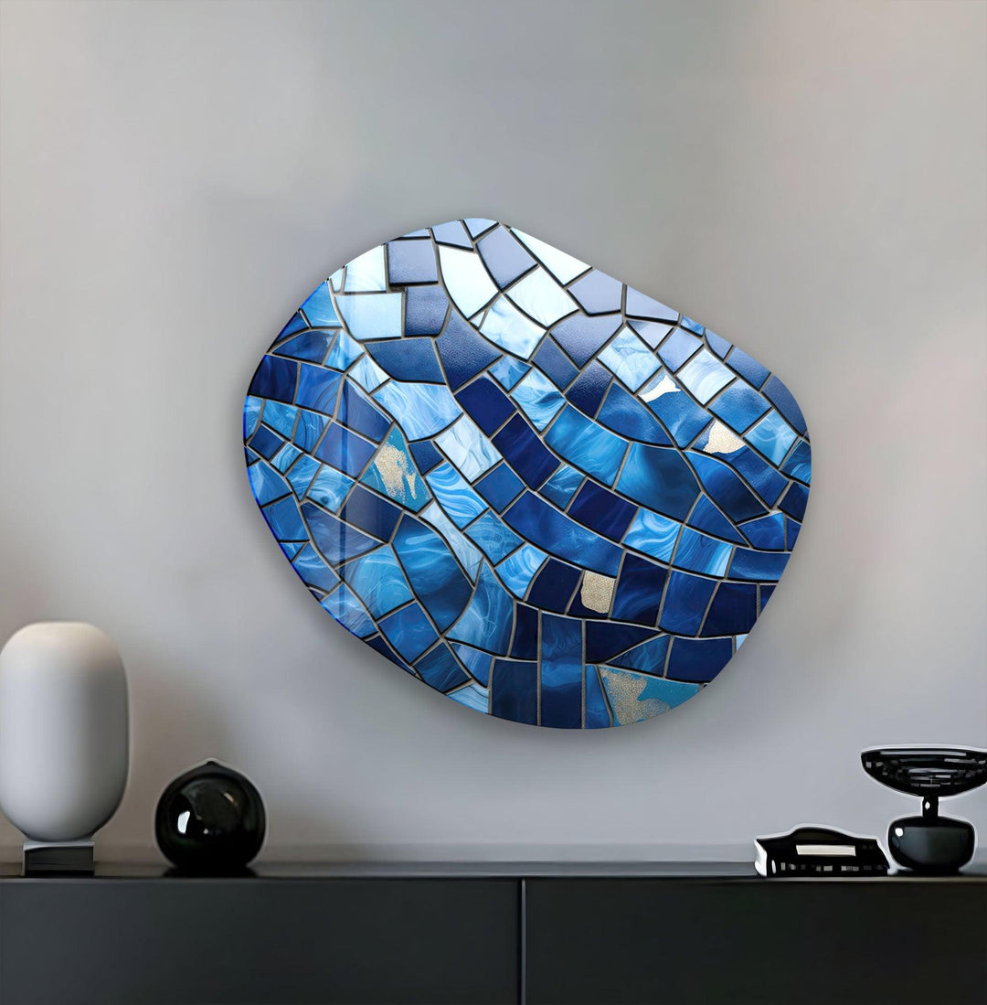 Decorative Blue Stained Oval Glass Wall Art, glass photo prints, glass picture prints
