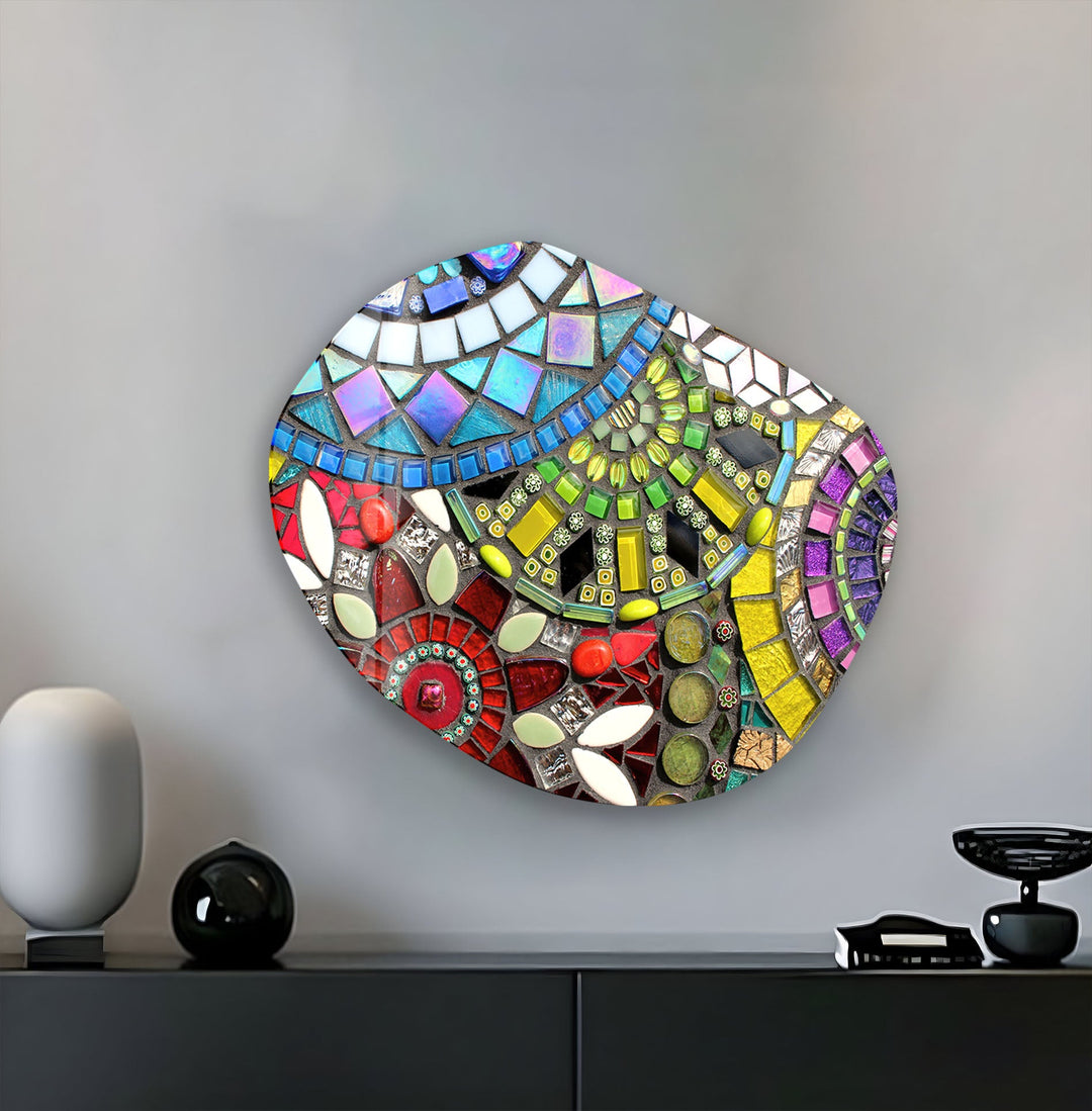 Red Mosaic Pattern Oval Glass Wall Art, print picture on glass, Tempered Glass Wall Art
