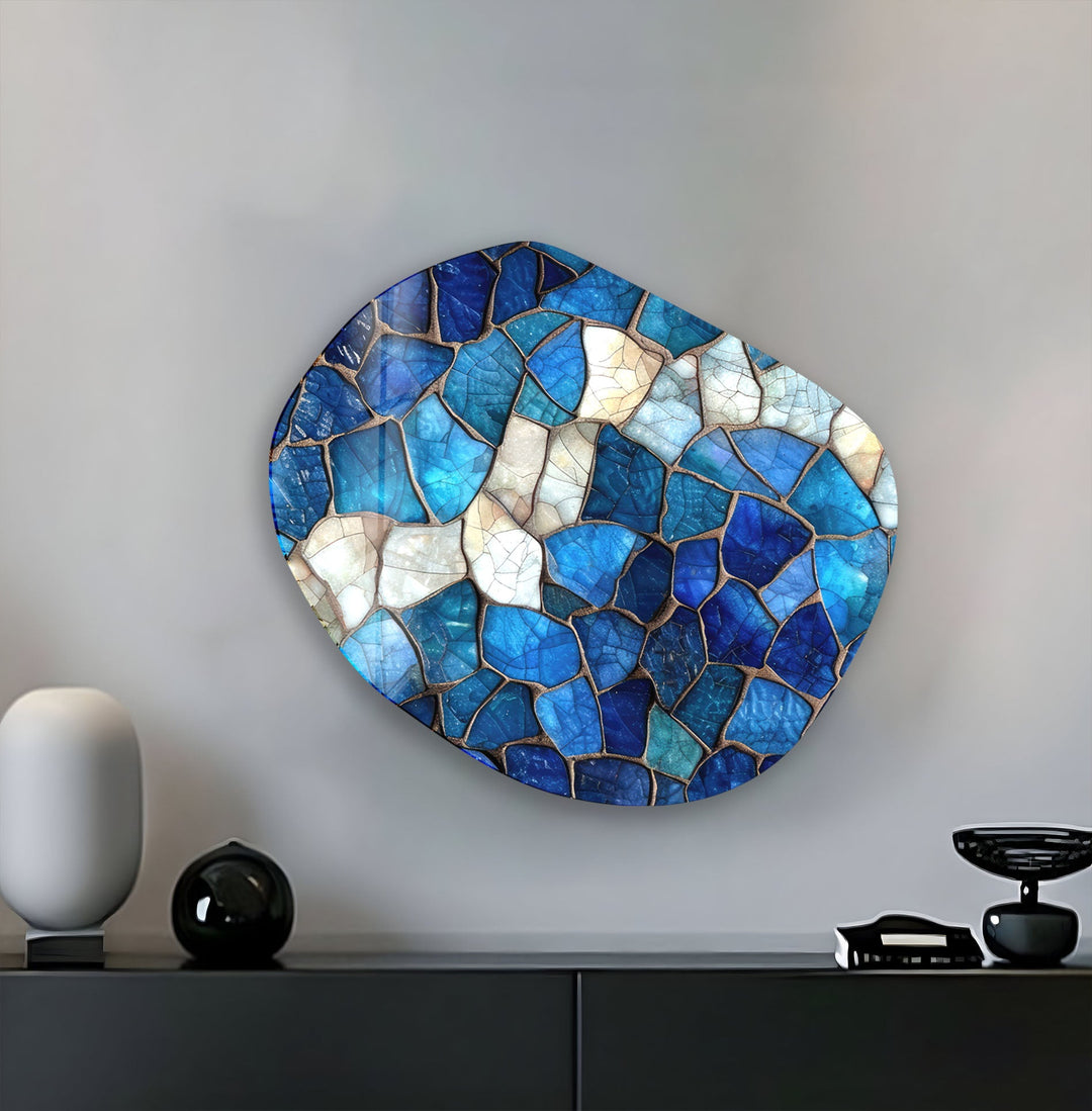 Stained Blue Pattern Oval Glass Wall Art, stained glass wall art, stained glass wall decor
