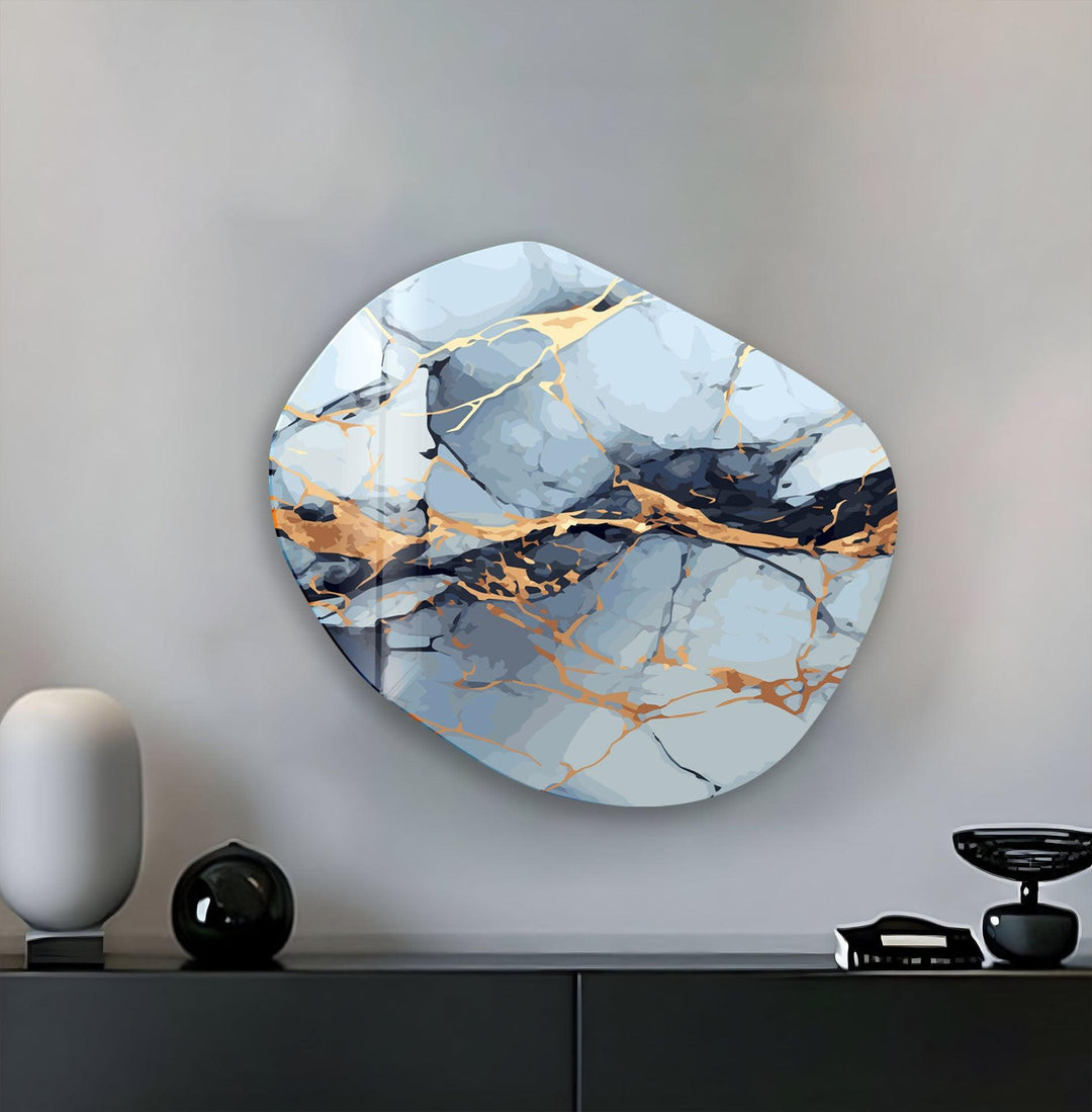 Blue & Gold Marble Oval Glass Wall Art, custom glass pictures, glass art prints
