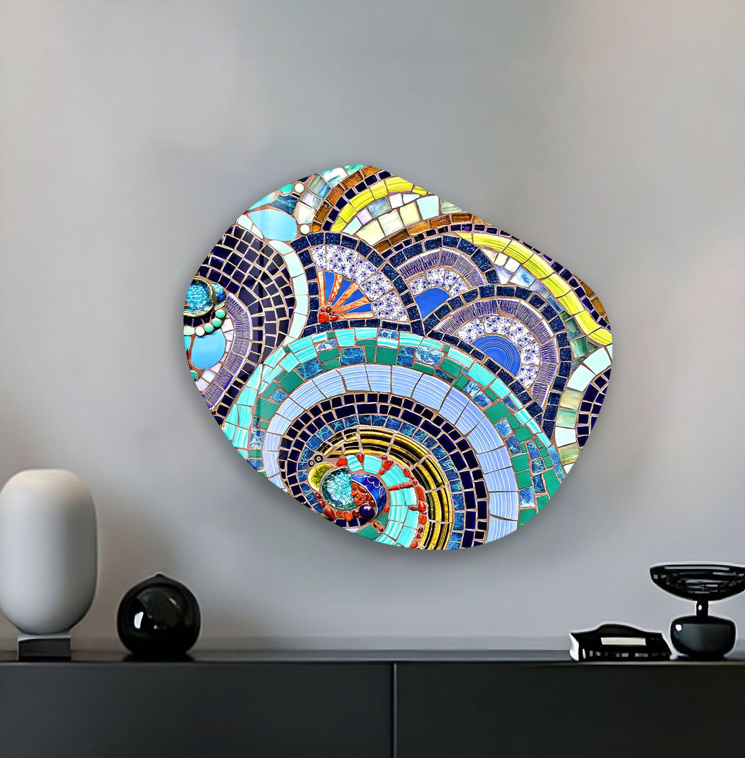 Blue Mosaic Pattern Oval Glass Wall Art, Glass Printing Wall Art, Print photos on glass
