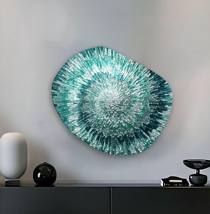 Modern Abstract Turquoise Oval Glass Wall Art, custom glass pictures, glass art prints
