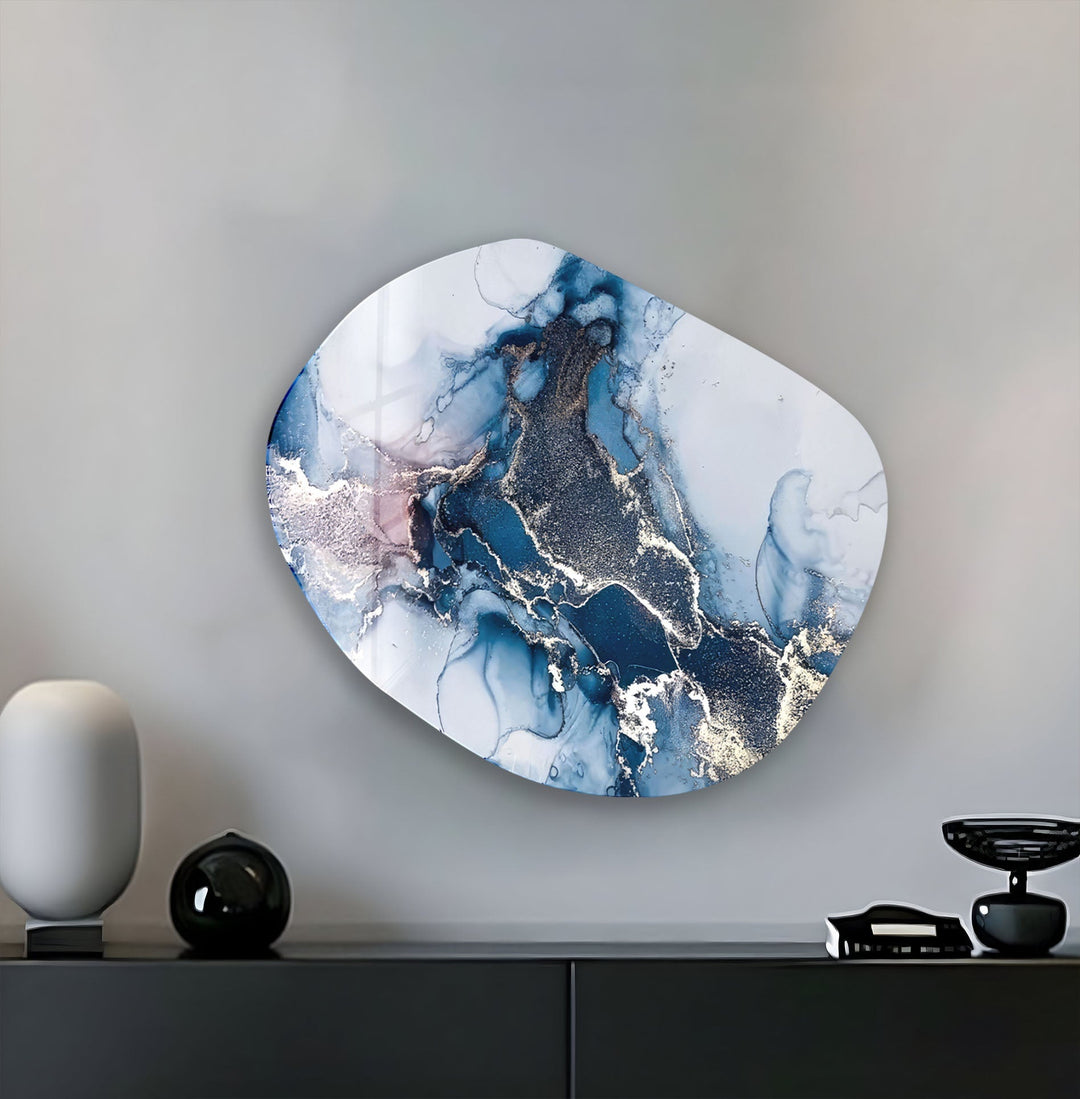 Gold Accent Blue Watercolor Glass Wall Art, print on glass, glass printed photos
