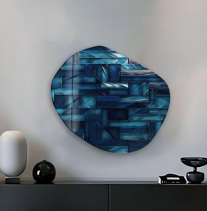 Modern Navy Blue Oval Glass Wall Art, stained glass wall art, stained glass wall decor
