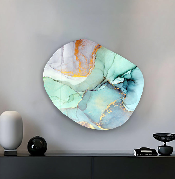 Tuquoise Asymmetrical Oval Glass Wall Art, large glass photo prints, glass wall photos
