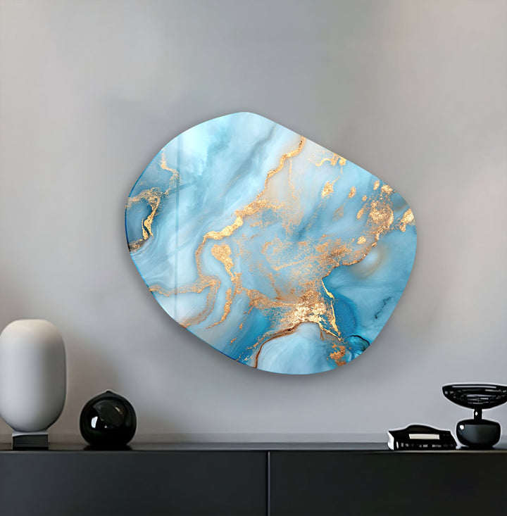 Blue Marble With Gold Sparkles Glass Wall Art, large glass photo prints, glass wall photos
