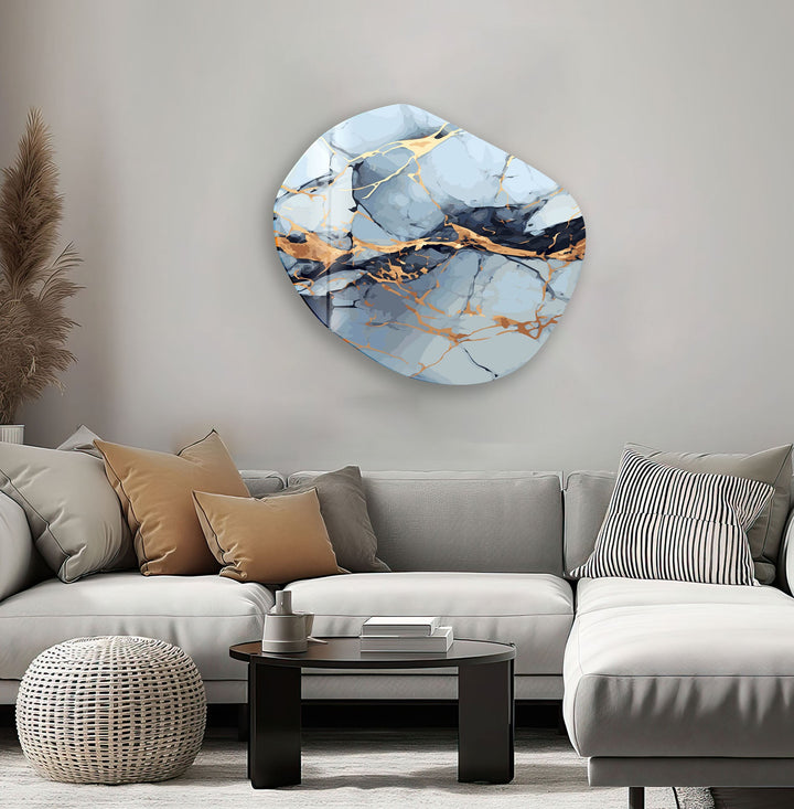 Blue & Gold Marble Oval Glass Wall Art, glass pictures for Wall, glass prints wall art
