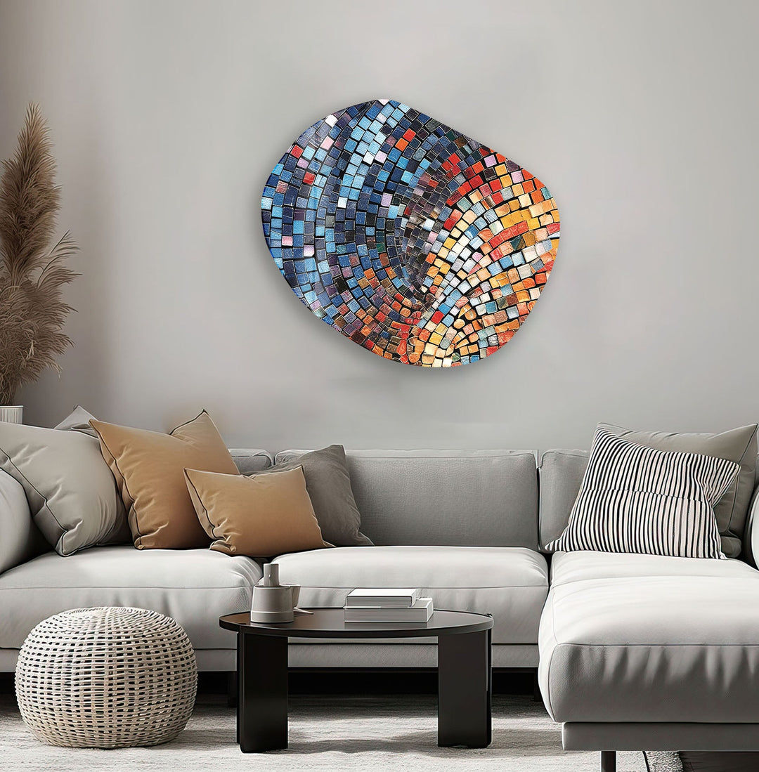 Decorative Blue Mosaic Print Glass Wall Art, Glass Printing Wall Art, Print photos on glass
