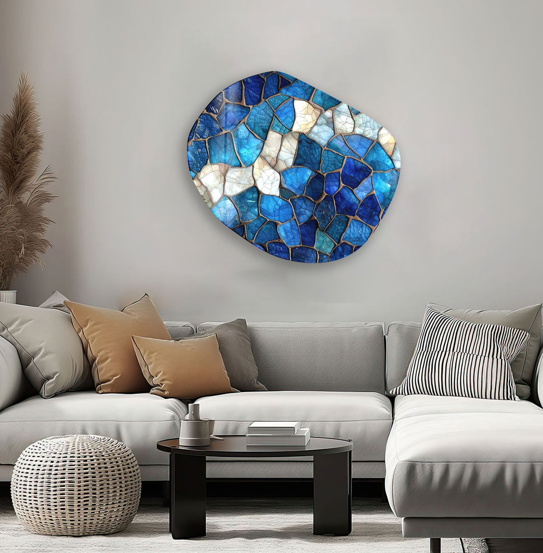 Stained Blue Pattern Oval Glass Wall Art, Glass Printing Wall Art, Print photos on glass
