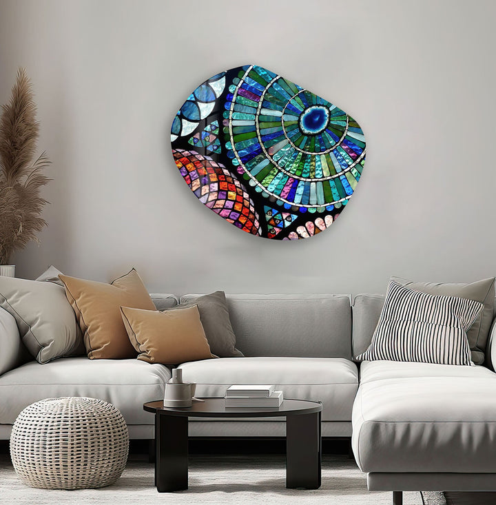 Decorative Blue Mosaic Pattern Glass Wall Art, Glass Printing Wall Art, Print photos on glass
