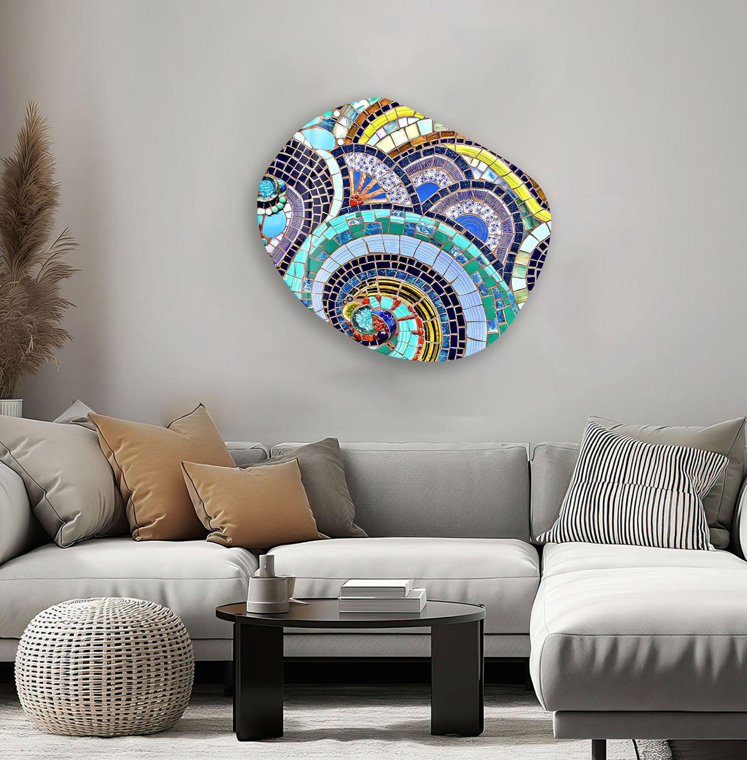 Blue Mosaic Pattern Oval Glass Wall Art, glass art painting, glass art for the Wall
