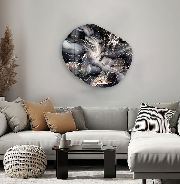 Modern Black Alcohol Ink Oval Glass Wall Art, print on glass, glass printed photos
