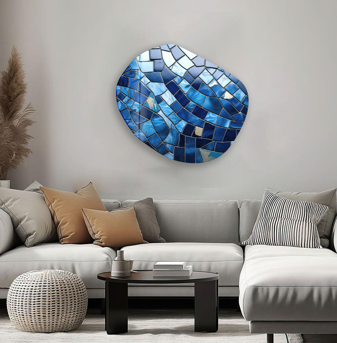 Decorative Blue Stained Oval Glass Wall Art, large glass photo prints, glass wall photos
