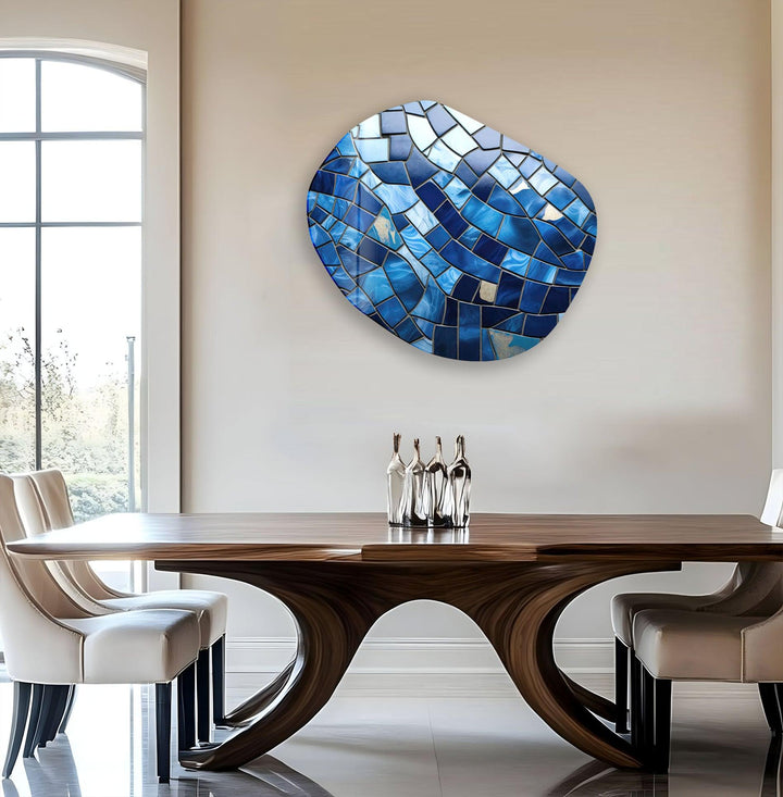 Decorative Blue Stained Oval Glass Wall Art, glass pictures for Wall, glass prints wall art
