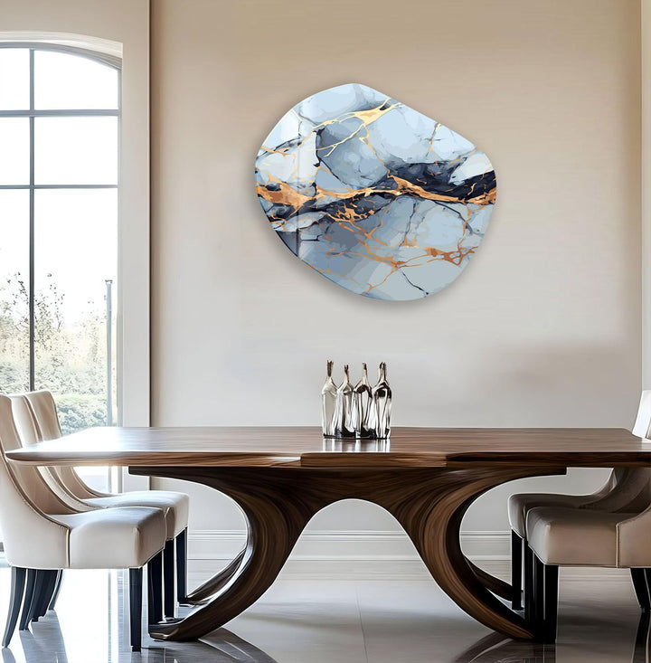 Blue & Gold Marble Oval Glass Wall Art,  print on glass, glass printed photos
