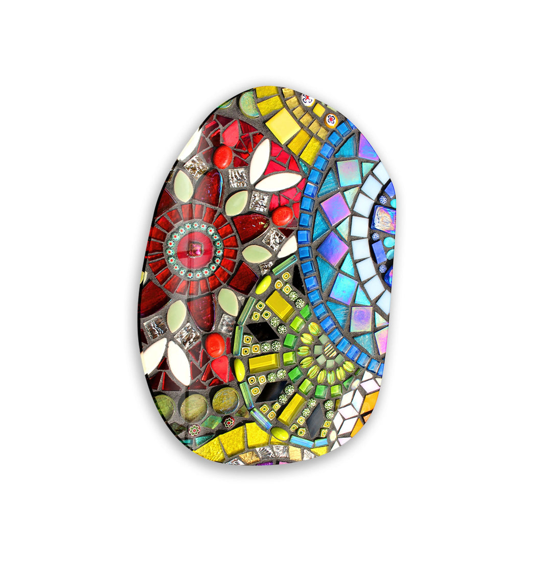 Red Mosaic Pattern Oval Glass Wall Art, glass pictures for Wall, glass prints wall art
