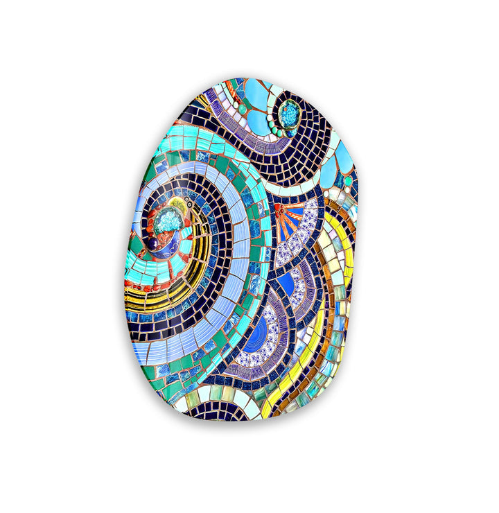 Blue Mosaic Pattern Oval Glass Wall Art, glass pictures for Wall, glass prints wall art
