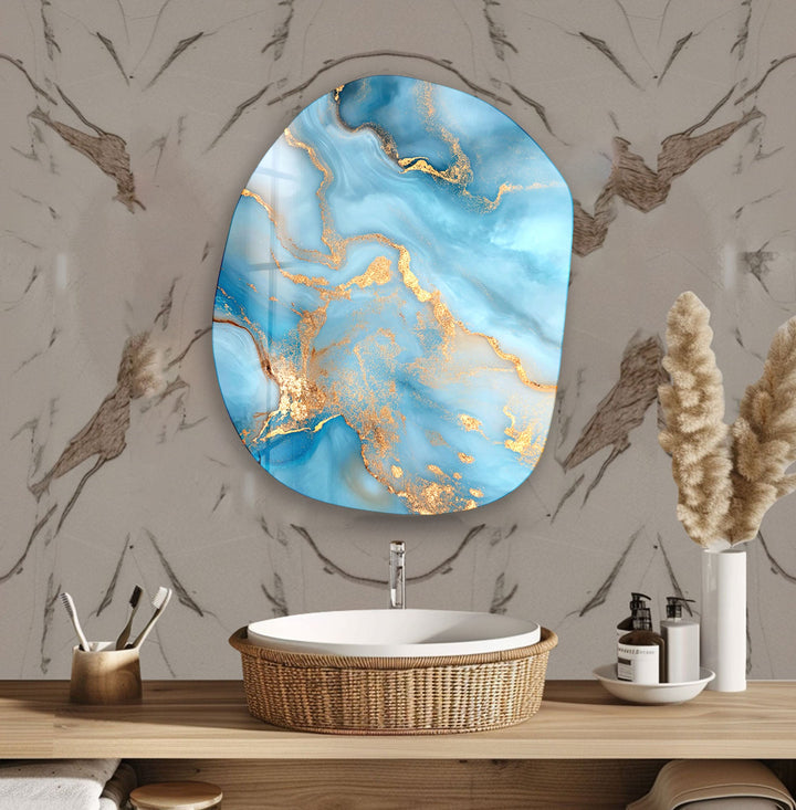 Blue Marble With Gold Sparkles Glass Wall Art, photo print on glass, prints on glass wall art
