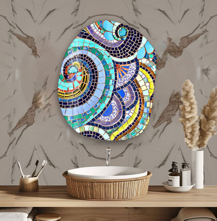 Blue Mosaic Pattern Oval Glass Wall Art, glass image printing, glass prints from photos
