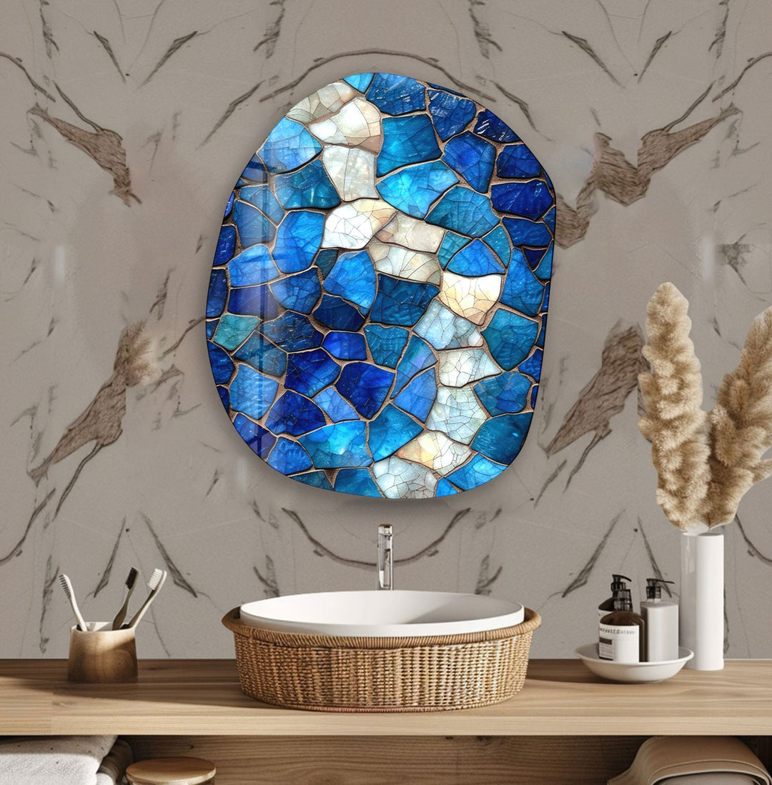 Stained Blue Pattern Oval Glass Wall Art, glass art painting, glass art for the Wall
