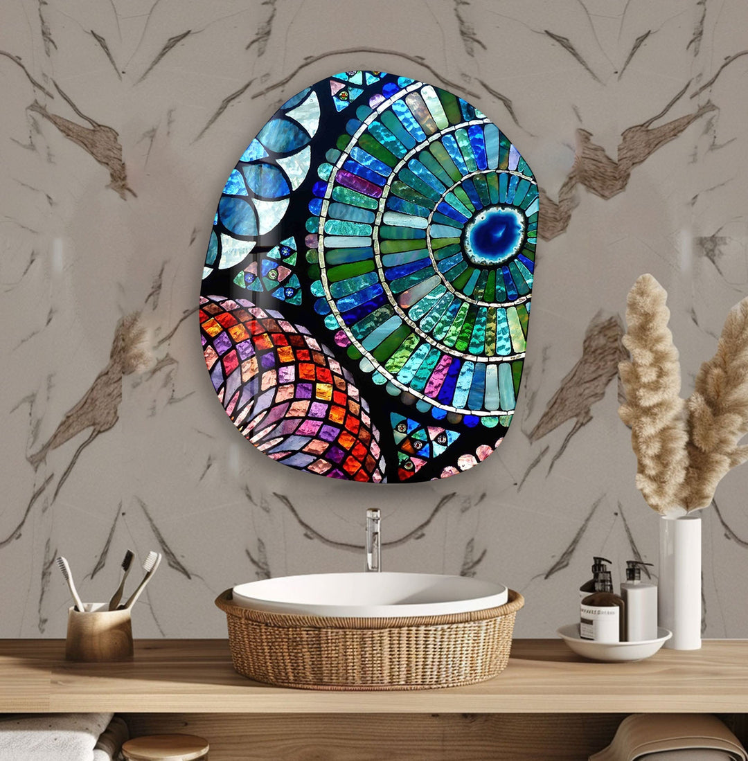 Decorative Blue Mosaic Pattern Glass Wall Art, glass art painting, glass art for the Wall
