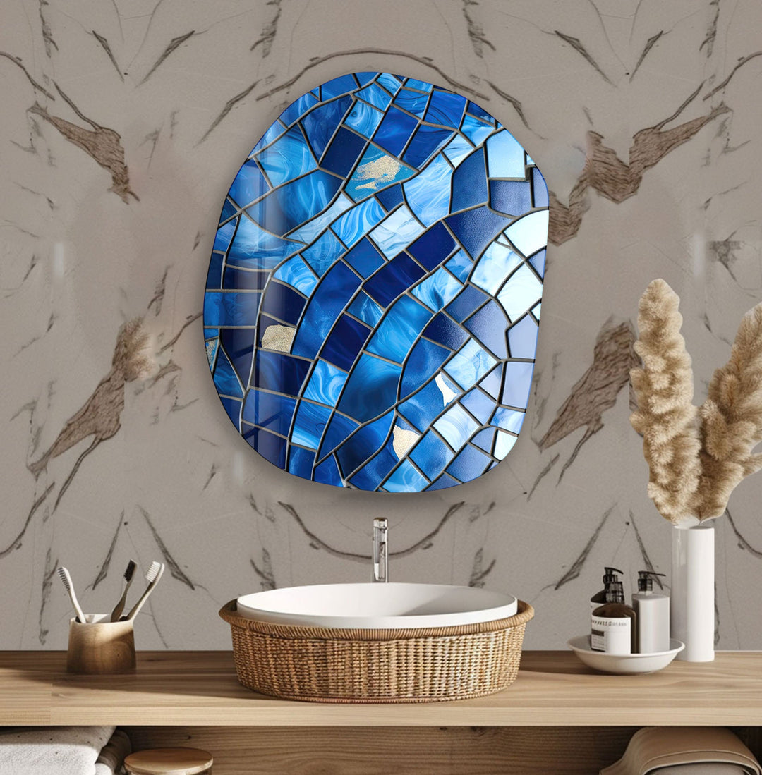 Decorative Blue Stained Oval Glass Wall Art, photo print on glass, prints on glass wall art
