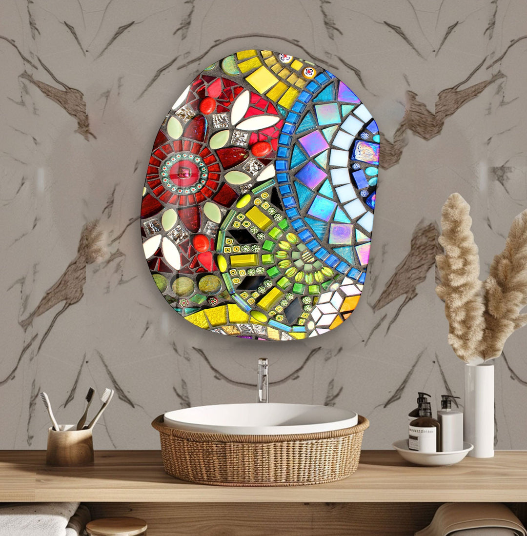 Red Mosaic Pattern Oval Glass Wall Art, art glass wall art, glass wall art pictures
