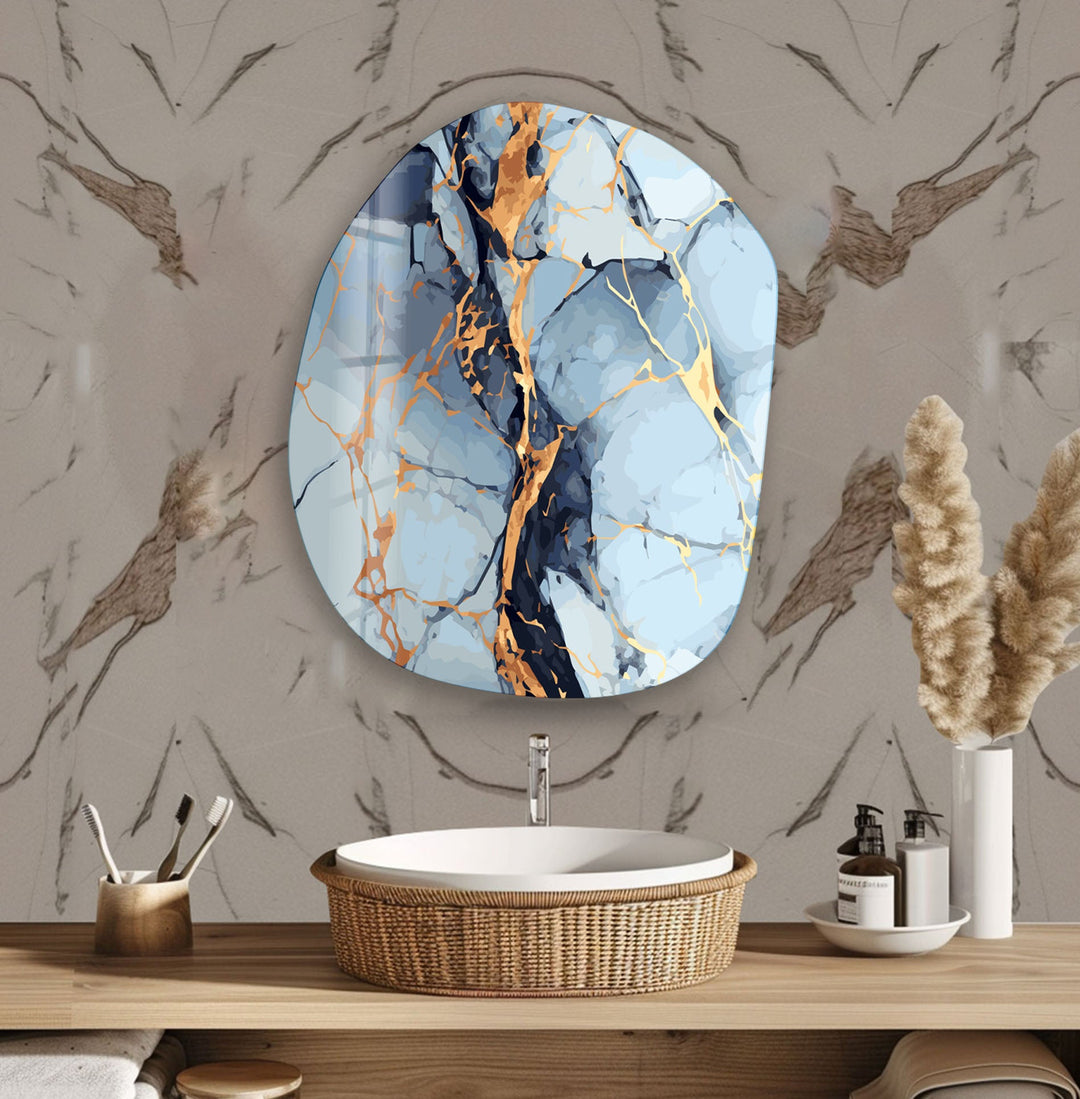 Blue & Gold Marble Oval Glass Wall Art, custom glass photo prints, large glass prints
