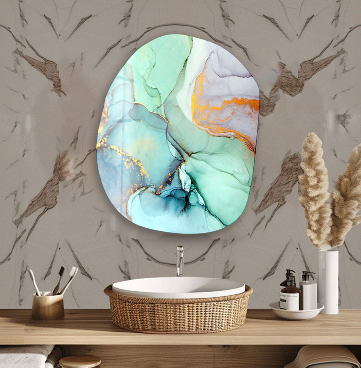 Tuquoise Asymmetrical Oval Glass Wall Art, glass pictures for Wall, glass prints wall art
