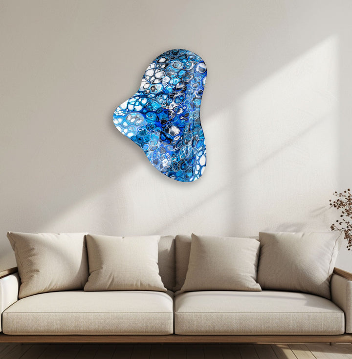 Blue Marbled Asymmetric Glass Wall Art, print on glass, glass printed photos

