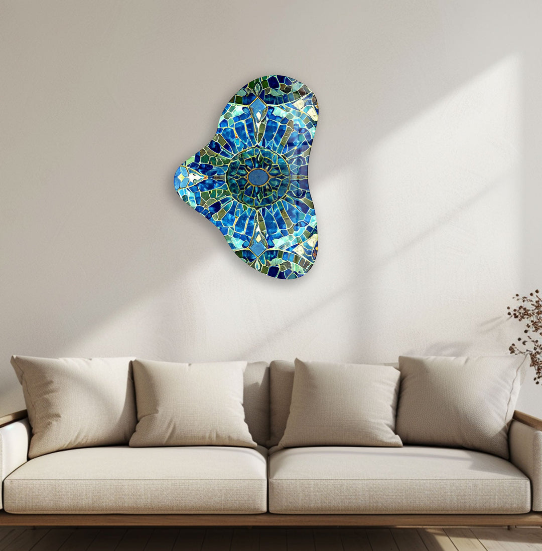 Blue Mosaic Pattern Asymmetric Glass Wall Art, stained glass wall art, stained glass wall decor
