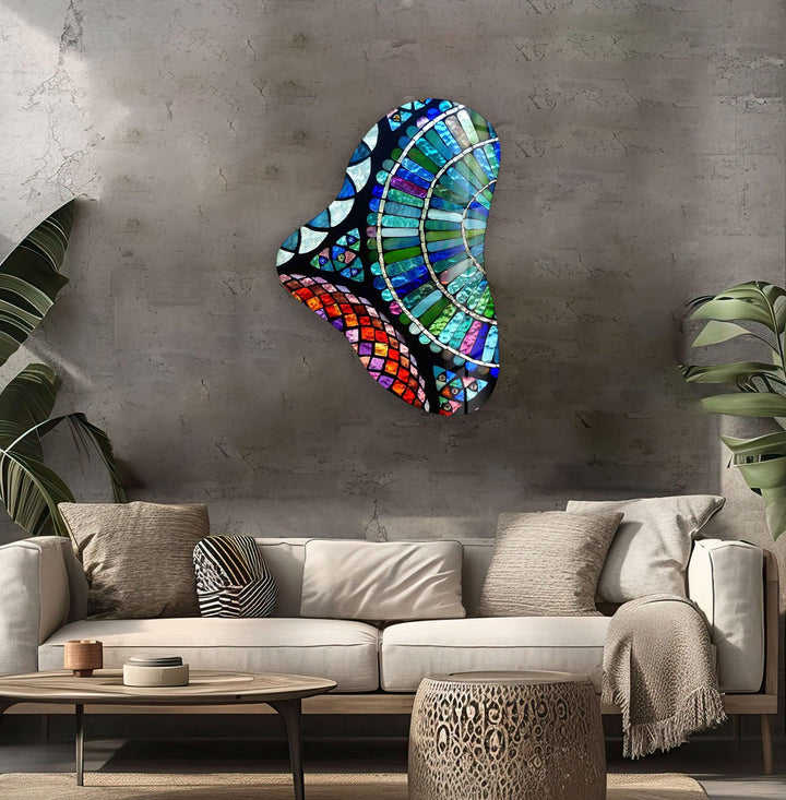 Blue Mosaic Asymmetric Glass Wall Art, large glass photo prints, glass wall photos
