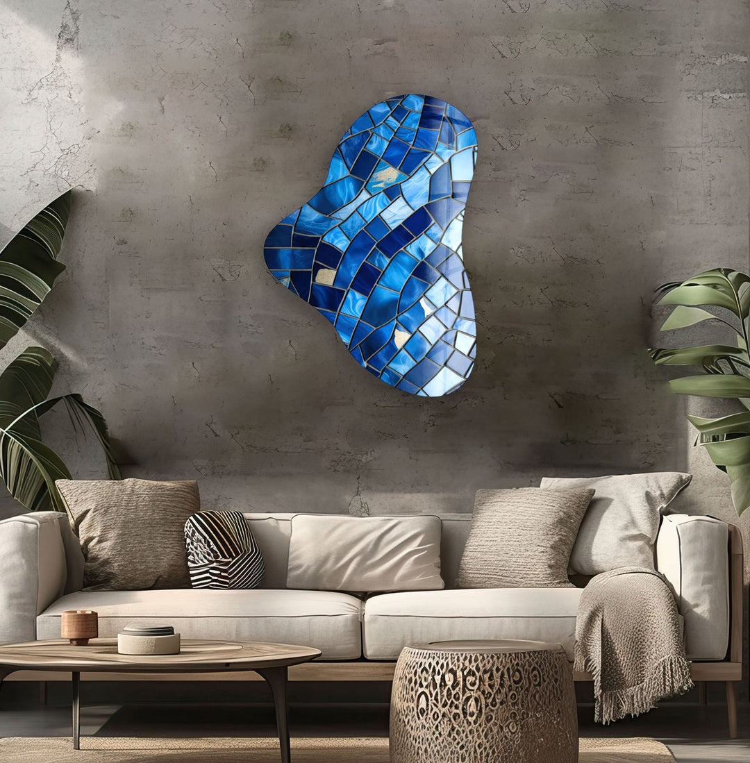 Blue Stained Asymmetric Glass Wall Art, art glass wall art, glass wall art pictures
