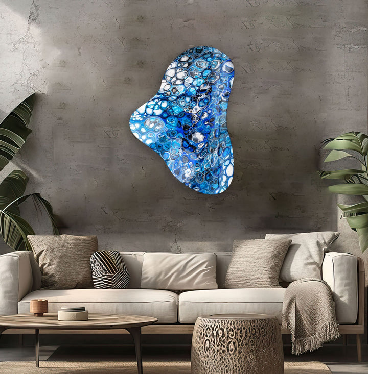 Blue Marbled Asymmetric Glass Wall Art, large glass photo prints, glass wall photos
