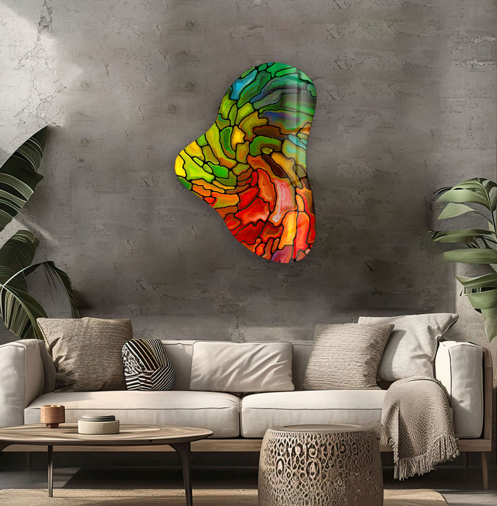 Red & Green Stained Asymmetric Glass Wall Art, glass art painting, glass art for the Wall
