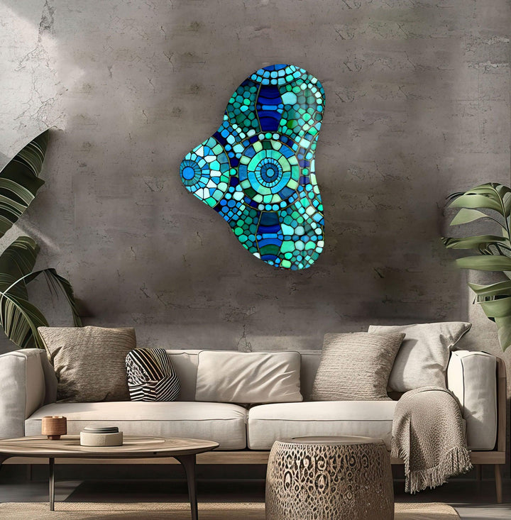 Green Mosaic Pattern Asymmetric Glass Wall Art, art glass wall art, glass wall art pictures
