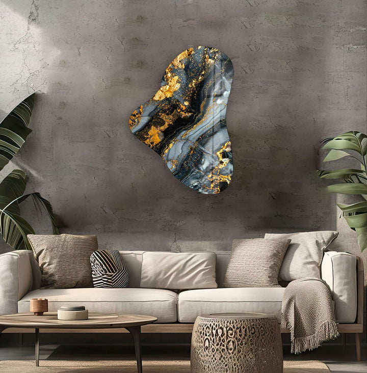 Gold Accent Gray Marbled Asymmetric Glass Wall Art, glass pictures for Wall, glass prints wall art
